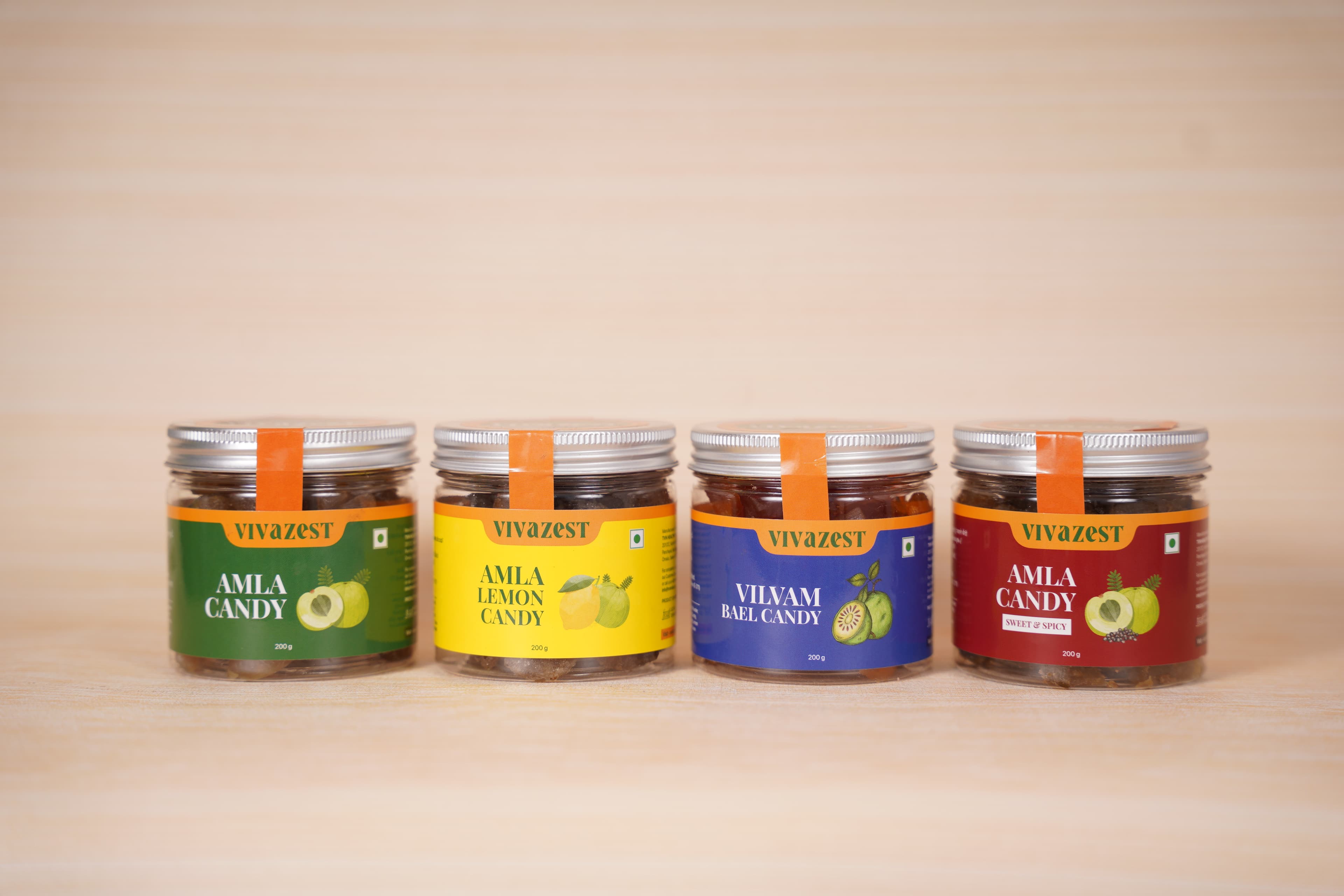 Lineup of Vivazest amla candy jars