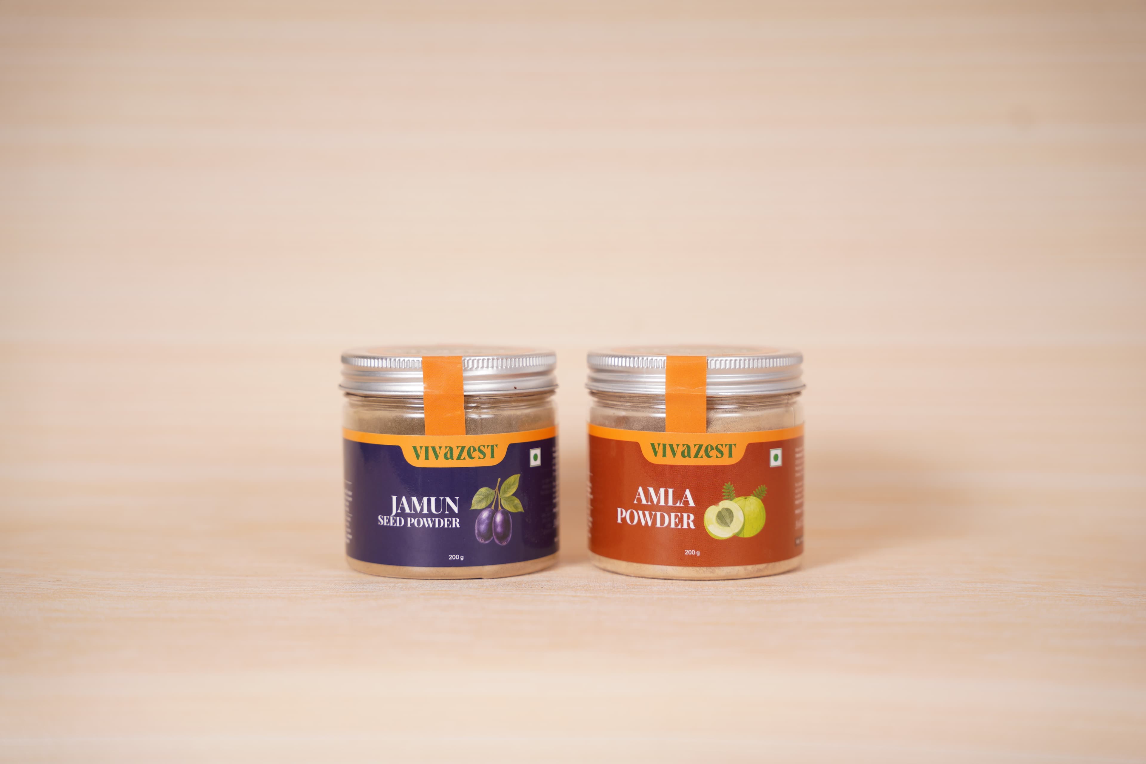 Vivazest amla powder and jamun seed powder jars