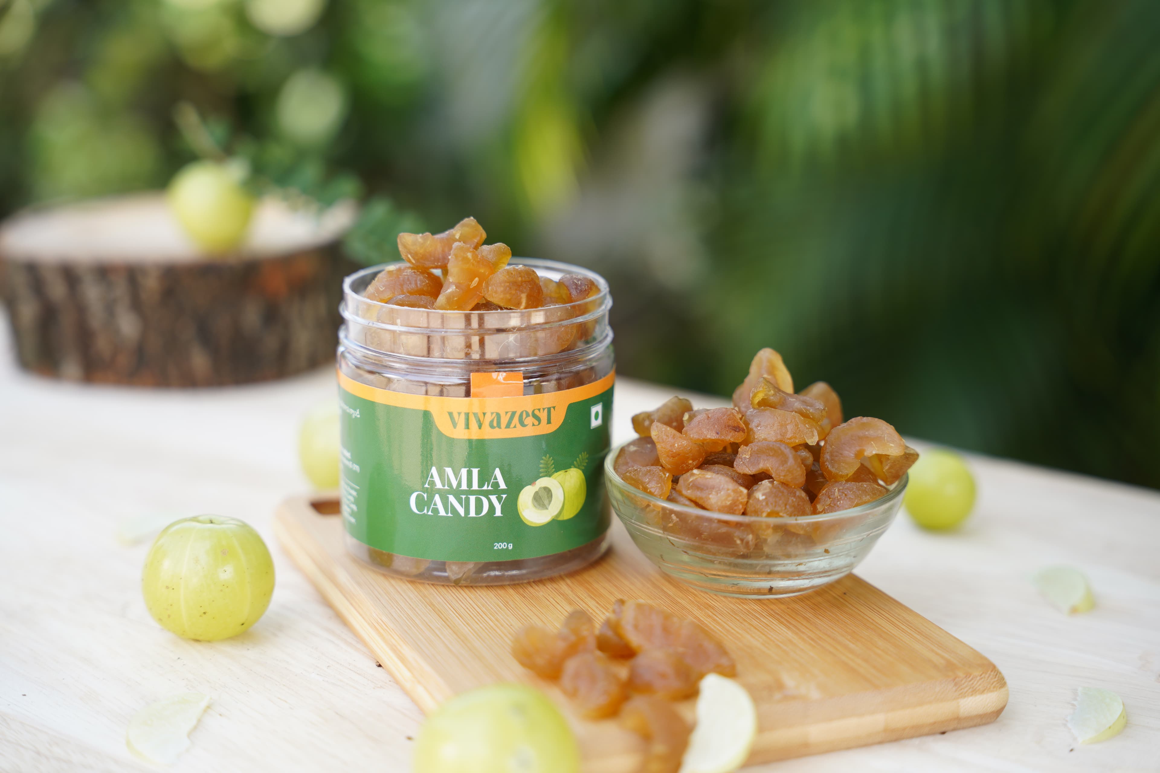 Vivazest Amla Candy jar with a bowl of candies