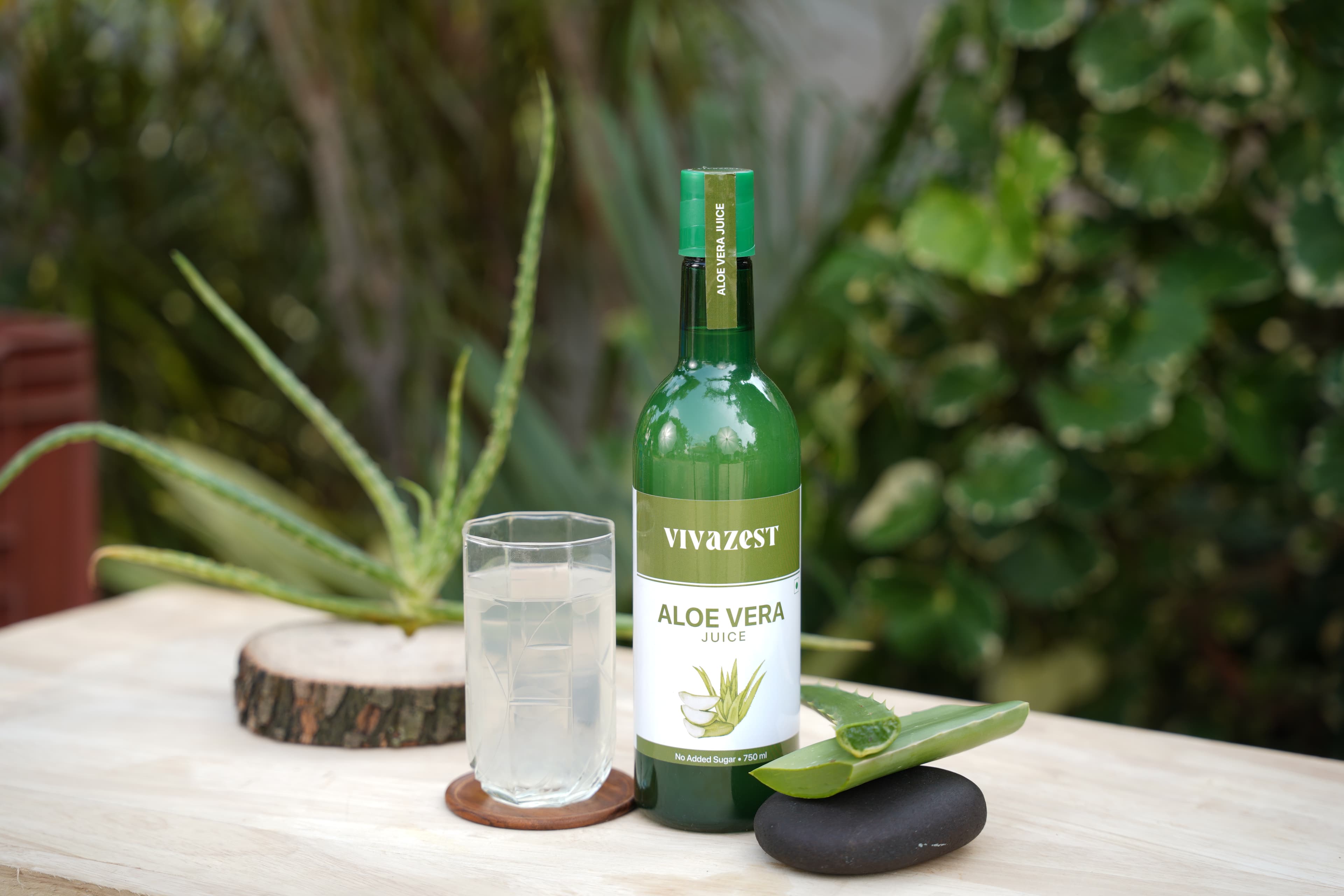 Vivazest Amla Juice bottle styled with aloe and amla
