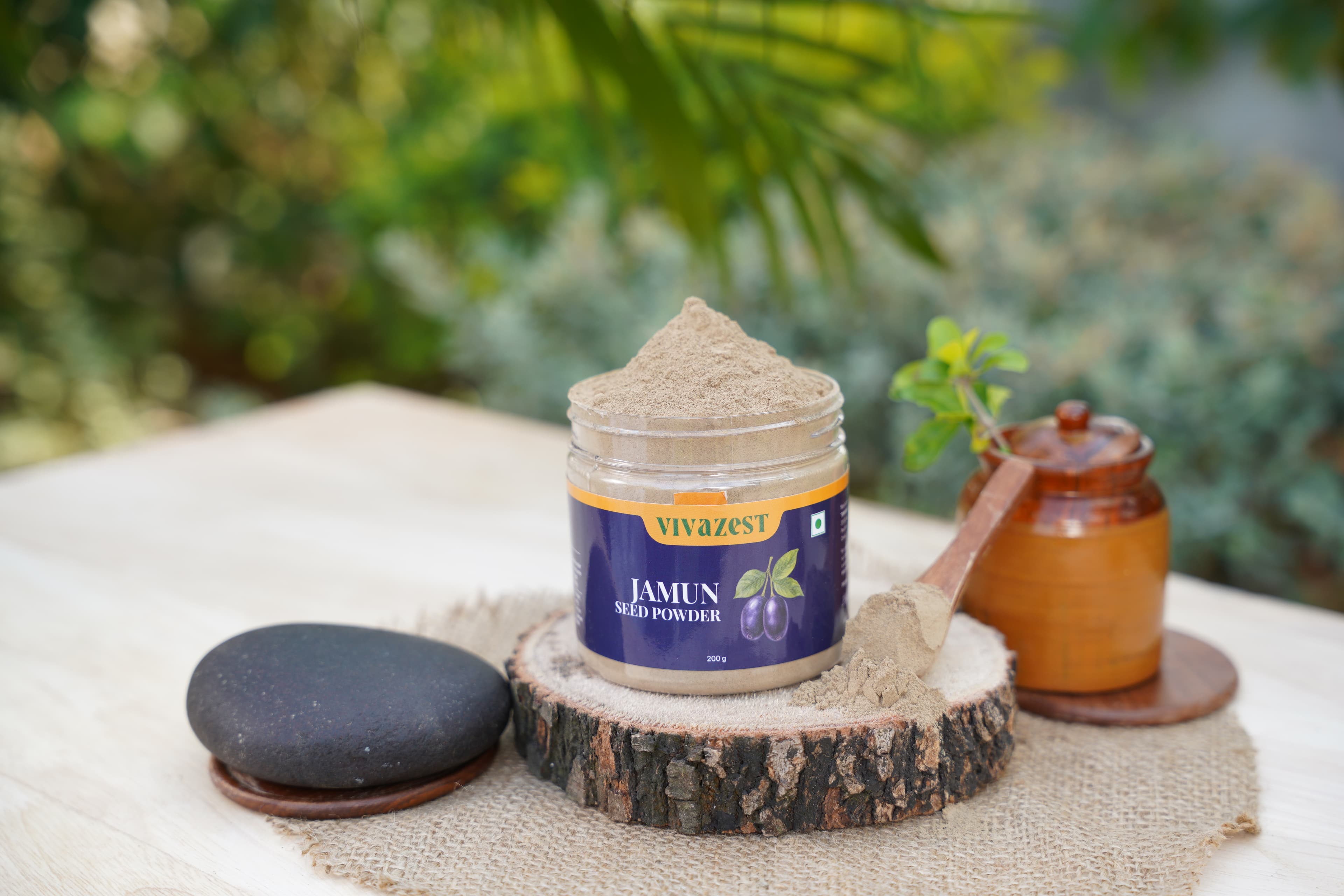 Vivazest Jamun Seed Powder jar styled outdoors